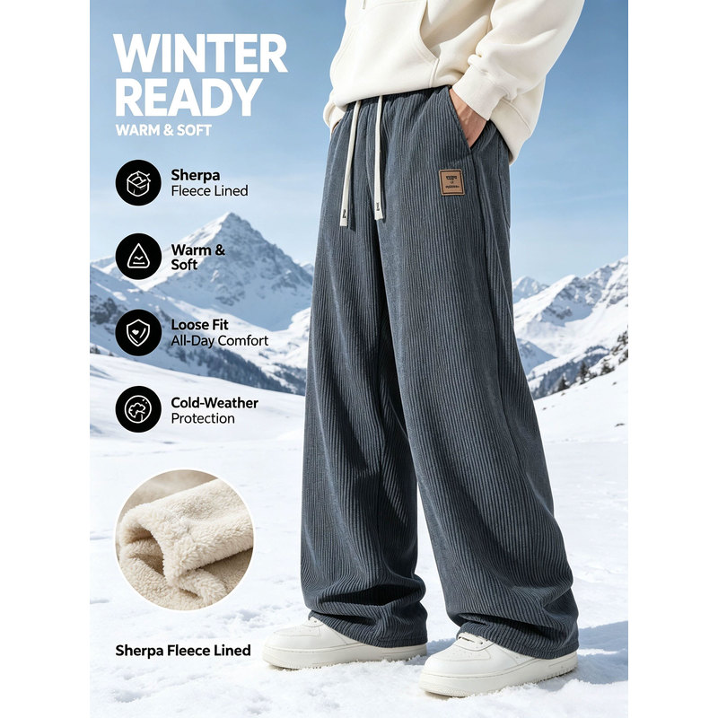 Corduroy Pant Warm - メンズウィンタースポーツパンツ コーデュロイ メンズストレートスウェットパンツ 厚手で暖かい服 男性用防寒保温ズボン