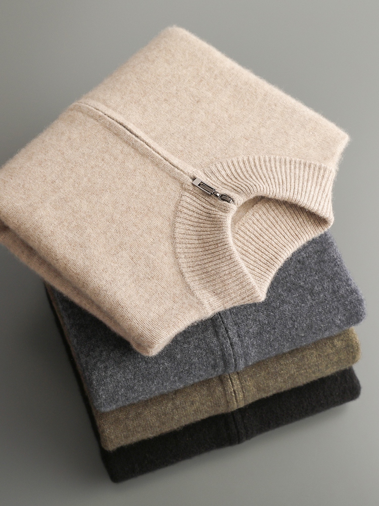 Wool Coat Peacoat - 100% メリノウールメンズニットカーディガン秋冬厚いジッパーセーターモックネックカシミヤシンプルさ快適なコート