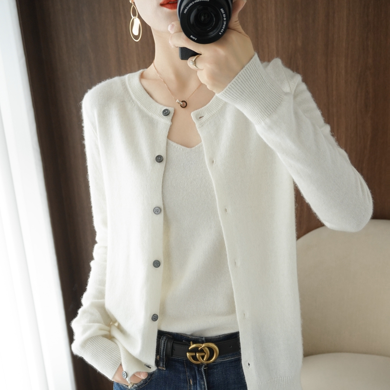 Wool Coat Peacoat - 2023春の新100純毛カーディガンコート女性レギンスクルーネック外薄型カシミヤセーター