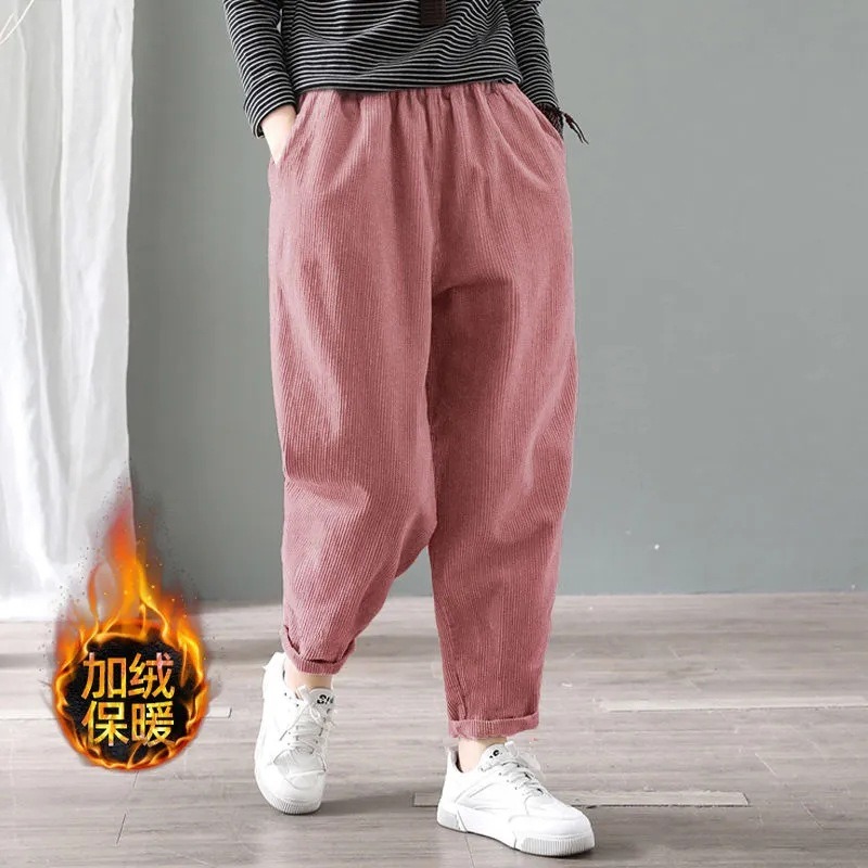Corduroy Pant Warm - 女性用コーデュロイハーレムパンツ、伸縮性ウエスト、フリース裏地、ゆったりフィット、暖かいカジュアルパンツ、ポケット付き、秋冬用