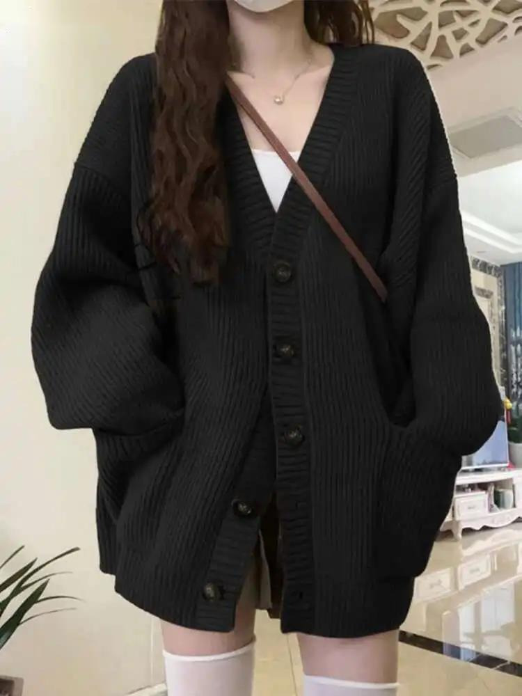 Wool Coat Peacoat - ルーズカーディガン女性長袖 V ネックニット黒だらしないオールマッチ女性秋冬コート韓国シックなだぶだぶのトップス MLQ9