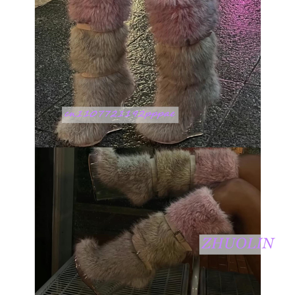 冬のグラデーション毛皮のような透明ウェッジブーツ女性の甘いベ - Waterproof Winter Boot のレビューと価格