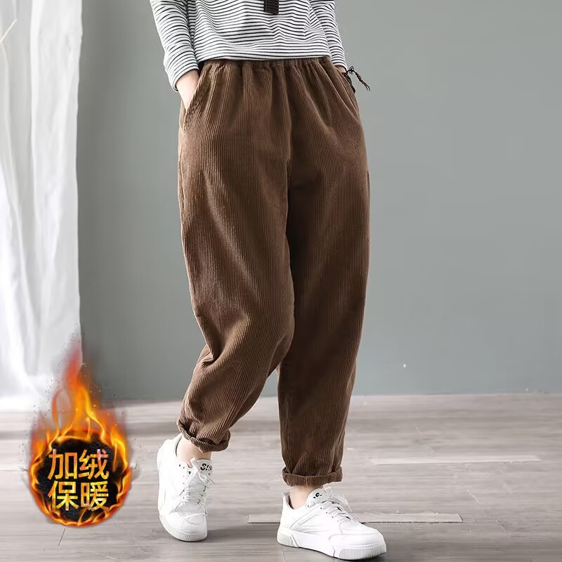 女性用コーデュロイハーレムパンツ、伸縮性ウエスト、フリース裏 - Corduroy Pant Warm のレビューと価格