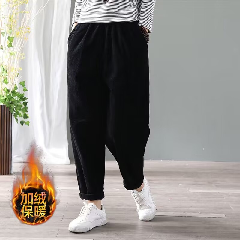 女性用コーデュロイハーレムパンツ、伸縮性ウエスト、フリース裏 - Corduroy Pant Warm のレビューと価格