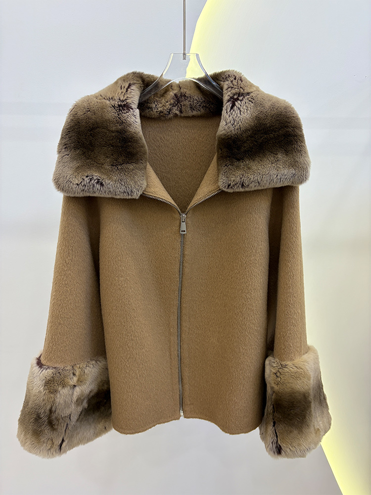 2026年冬 レディース 本物の天然レックスラビットファー襟 - Wool Coat Peacoat のレビューと価格