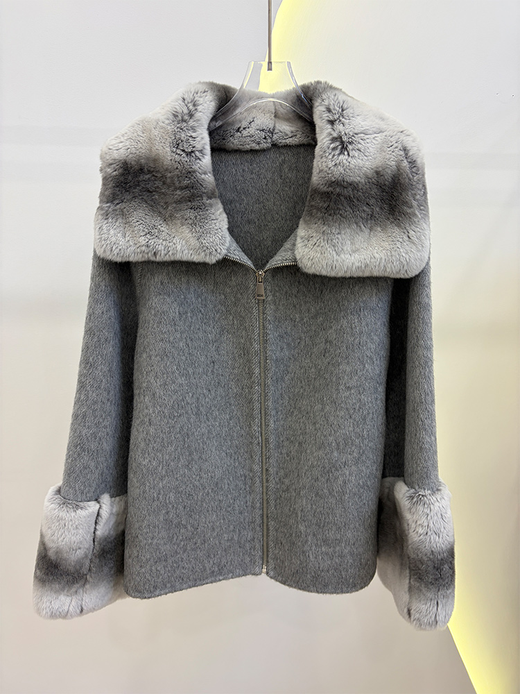 2026年冬 レディース 本物の天然レックスラビットファー襟 - Wool Coat Peacoat のレビューと価格